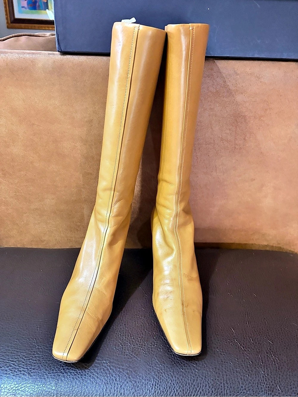 Prada Vitello Seta Sughero Boots Leather Knee-High Heeled Boots EU 41